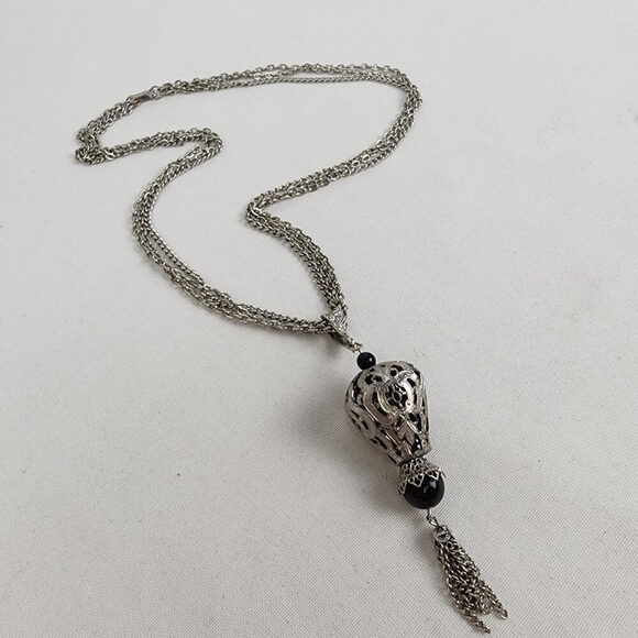 Vintage Silver Tone Pendant Fringe Chain Necklace - Picture 2 of 8